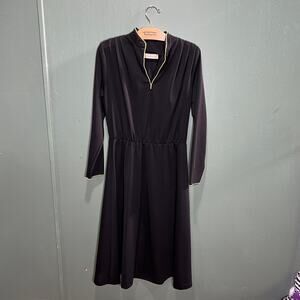 Vintage Landou Black Dress Size 10 Gold Trim Long Sleeve Midi